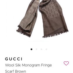 GUCCI Wool Silk Monogram Fringe Scarf Brown