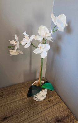 Faux White Orchid Flower / Plant in White & Green Stone Pot