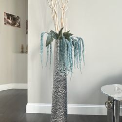Tall Silver Vase With Whit Blue Branches 