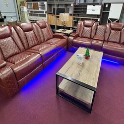2PC Power recliner sofa and loveseat Brown Leather with USB LED Wireless chargers