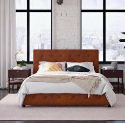 DHP Dakota Upholstered Platform Bed, Queen, Camel Faux Leather