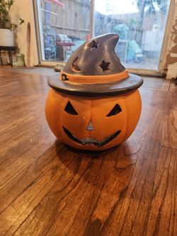Painted Ceramic Jack-O-Lantern With Witches Hat