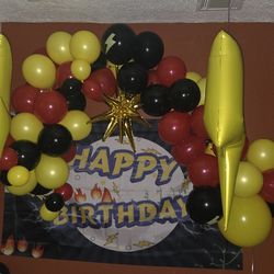 Pokemon Banner & balloons & a happy birthday sign, pokemon style