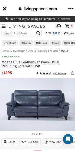 Living Spaces 87" Power Reclining Leather Couch - Moana Blue