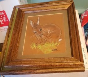 Wooden Framed Brown Rabbit Illustration By Willee