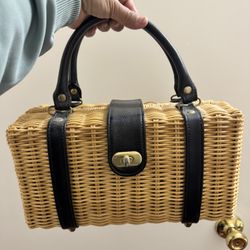 Vintage Style Wicker Handbag with Leather Trim – Picnic Basket Purse