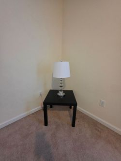 Modern Black End Table / Nightstand & Glass Sphere Table Lamp Set