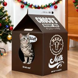 Brand new Cardboard Cat House with Scratch Pad, Corrugated Kitten Hideaway Cave, Cute Cats Condos Box, Milk Box Shape Cat Cardboard Scratcher, Christm