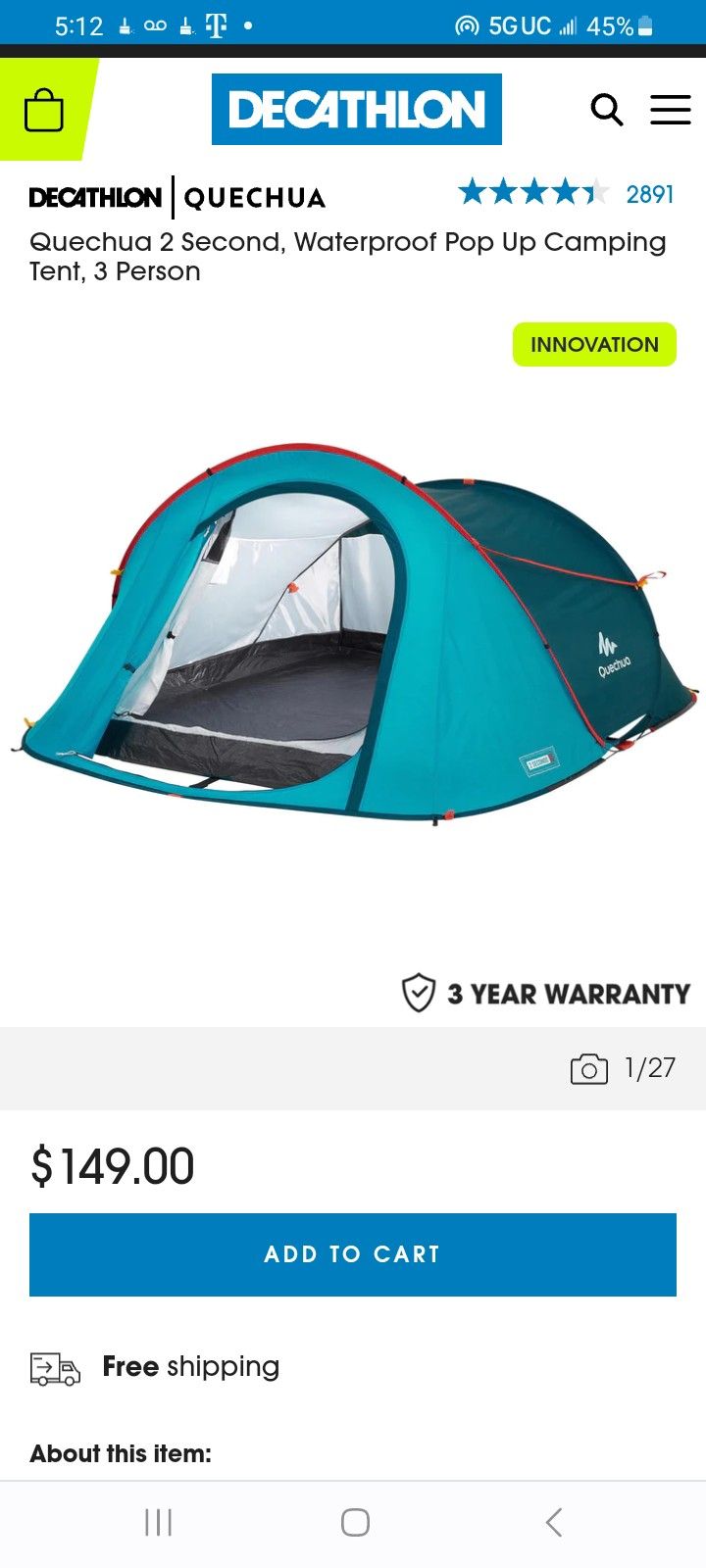 Decathlon Quechua 2 Second 3 Person Pop Up Tent!!!! NICE!!!!! for Sale in  Phoenix, AZ - OfferUp