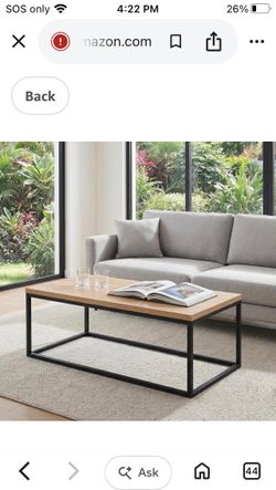 Natural Oak Coffee Table, Extra Thick 1.2" Top Modern Industrial Style, Black Metal Legs, Rectangle Minimalist Design, Sturdy & Easy Assembly