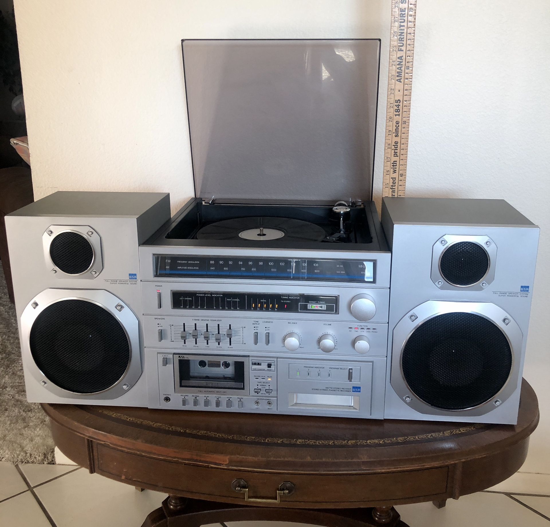 BSR AM/FM Stereo Receiver, 8-track, Cassette Recorder, Turntable w/ 14”Speakers