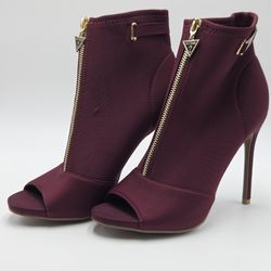 GUESS Wine Open-Toe Stiletto Ankle Boots with Gold Hardware Women's Size 8