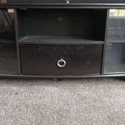 TV Stand with Glass Doors & Drawer – Dark Wood