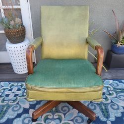 '50s Vintage MCM Leather Sisal And Wood Office Swivel Chair