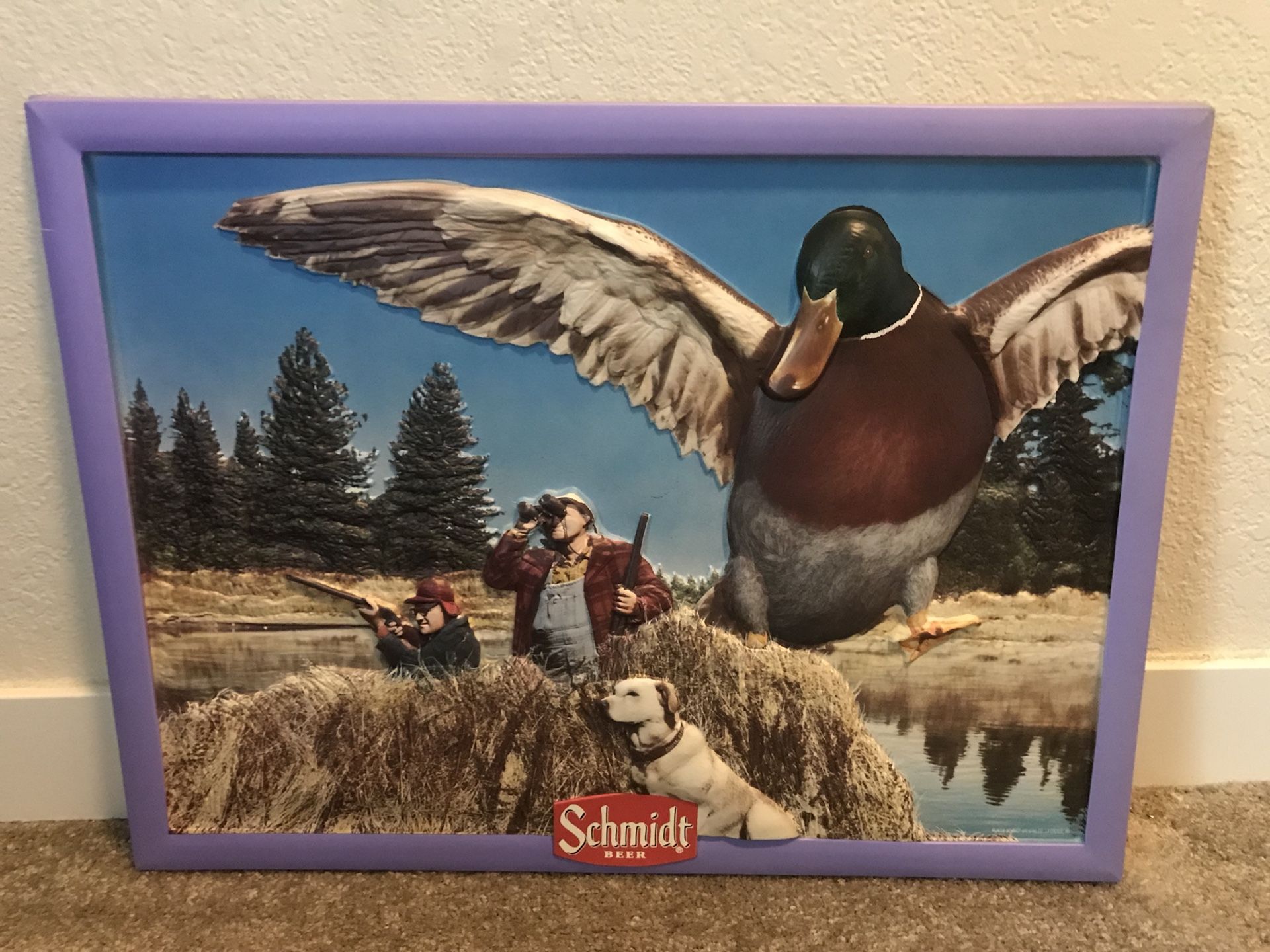 Vintage Schmidt’s sign, “animal beer,” Mallard duck hunt, embossed beer sign