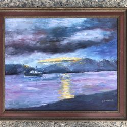 Vintage Original Nautical Oil Painting Signed & Framed On Canvas 25x21"