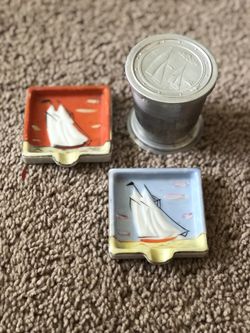 Vintage Nautical Aluminum Collapsible Cup and 2 Ceramic Ashtrays