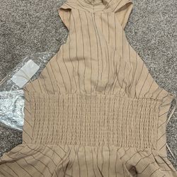 House of CB Beige Striped Halter Ruffle Sleeveless Cropped Blouse