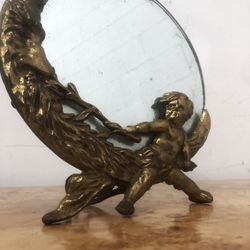 Vintage Art Deco  FIGURAL MOON & CHERUB circle mirror with built in stand 