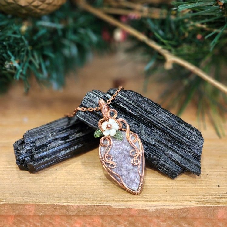Gemmy Purple Lepidolite Gemstone wire Wrapped In Copper