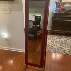 Red Jewelry Armoire Cabinet, Full Length Mirror w/ Velvet Storage Interior, Lock  Comes with key  48x15