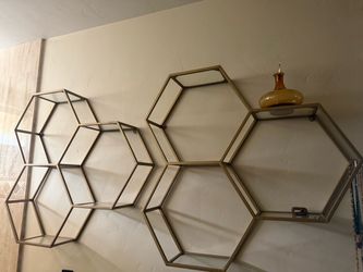 Set of 2 Large Geometric Hexagon Wall Shelves – Gold/Brass Tone & Glass