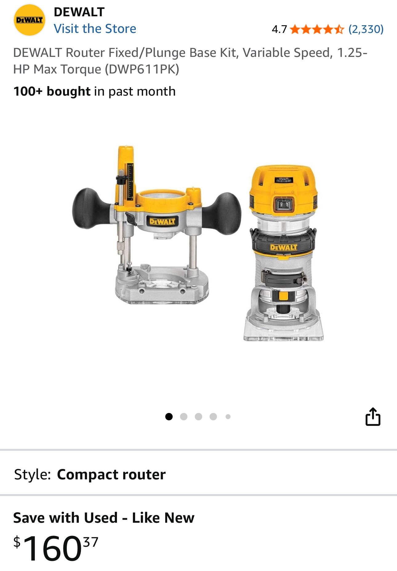 DEWALT Router Fixed/Plunge Base Kit, Variable Speed, 1.25-HP Max Torque (DWP611PK)