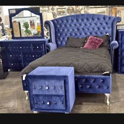Blue Bedroom Set 4 Pcs New Velvet 💙 Finance Available 