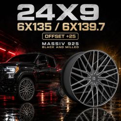 🔥 24x9 6x135 / 6x139.7 MASSIV 925 BLACK AND MILLED Wheels 🔥