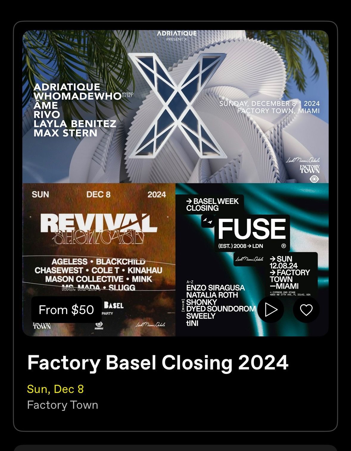 2 VIP Tickets For factory Town - Art Basel Closing Party