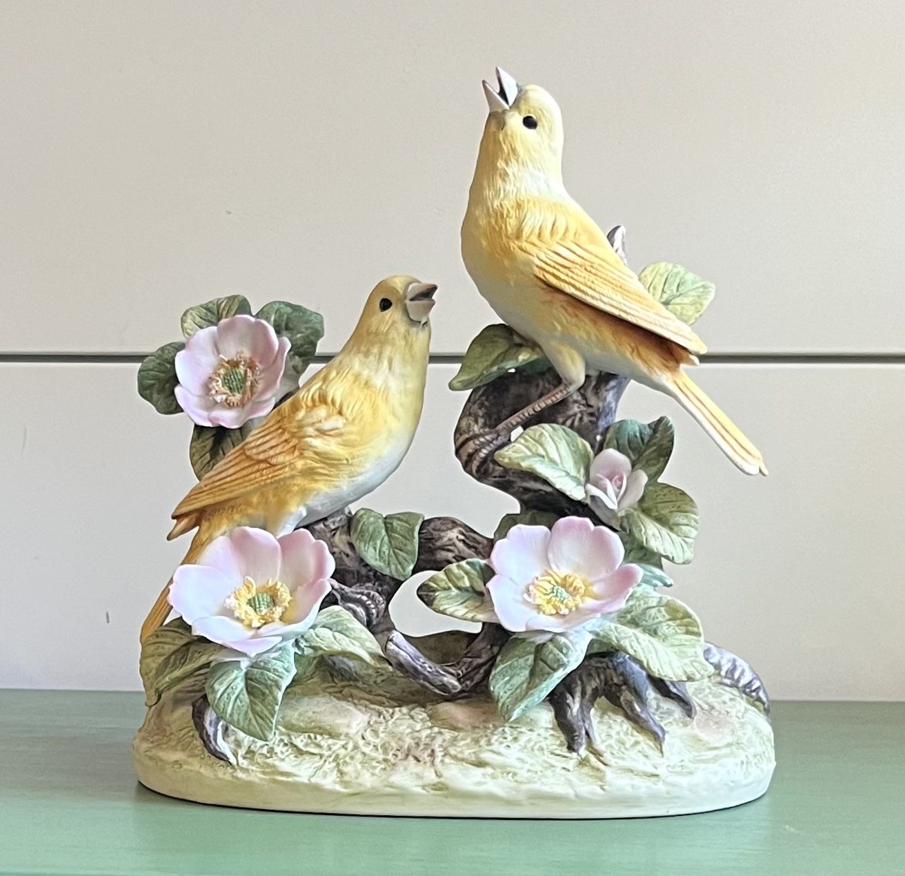 VINTAGE Andrea Sadek Yellow Canary Pair Birds Porcelain Figurine Pink Flowers