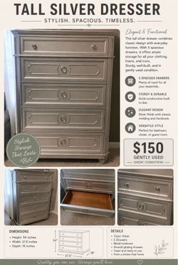 Tall Silver 5 Drawers Dresser