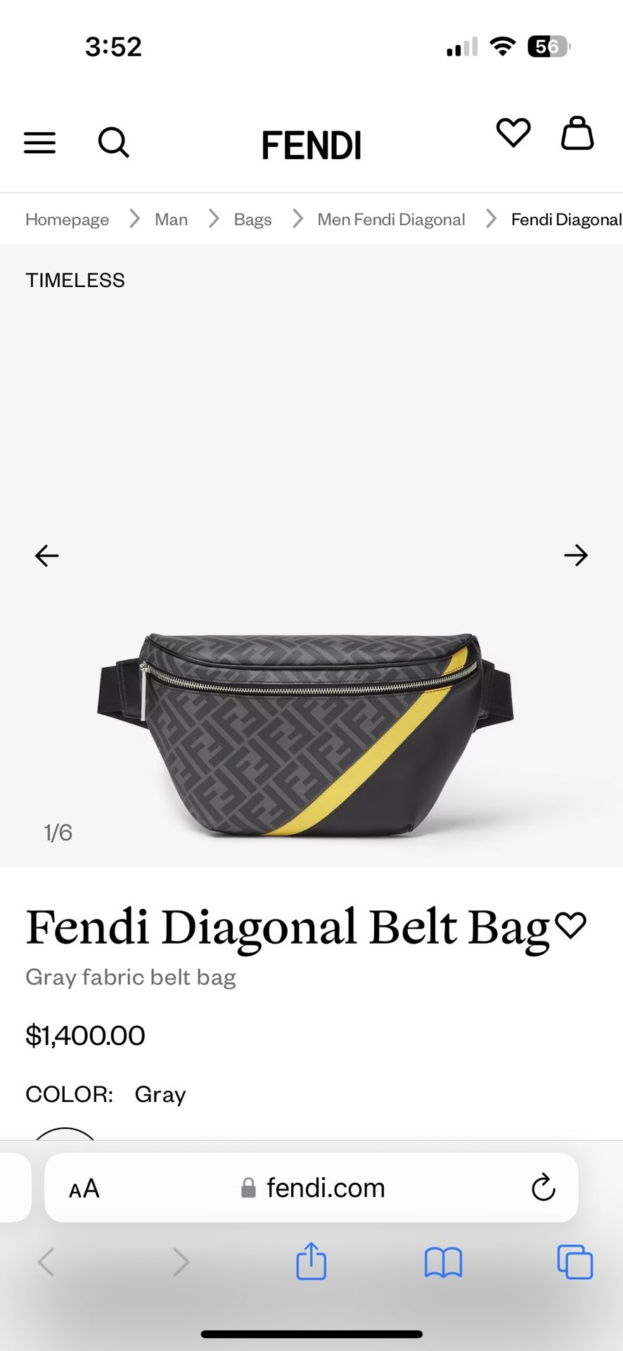 Fendi Diagonal Belt Bag Gray fabric belt bag
