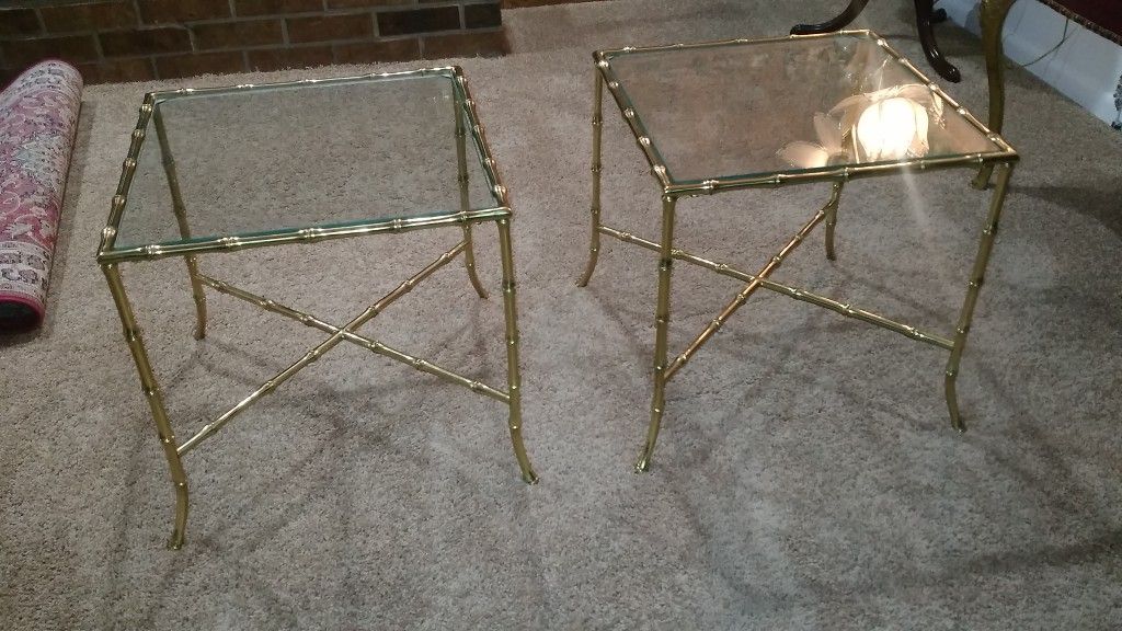 Vintage small solid brass mcm bamboo style accent tables