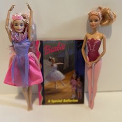 Two Barbie ballerinas and book