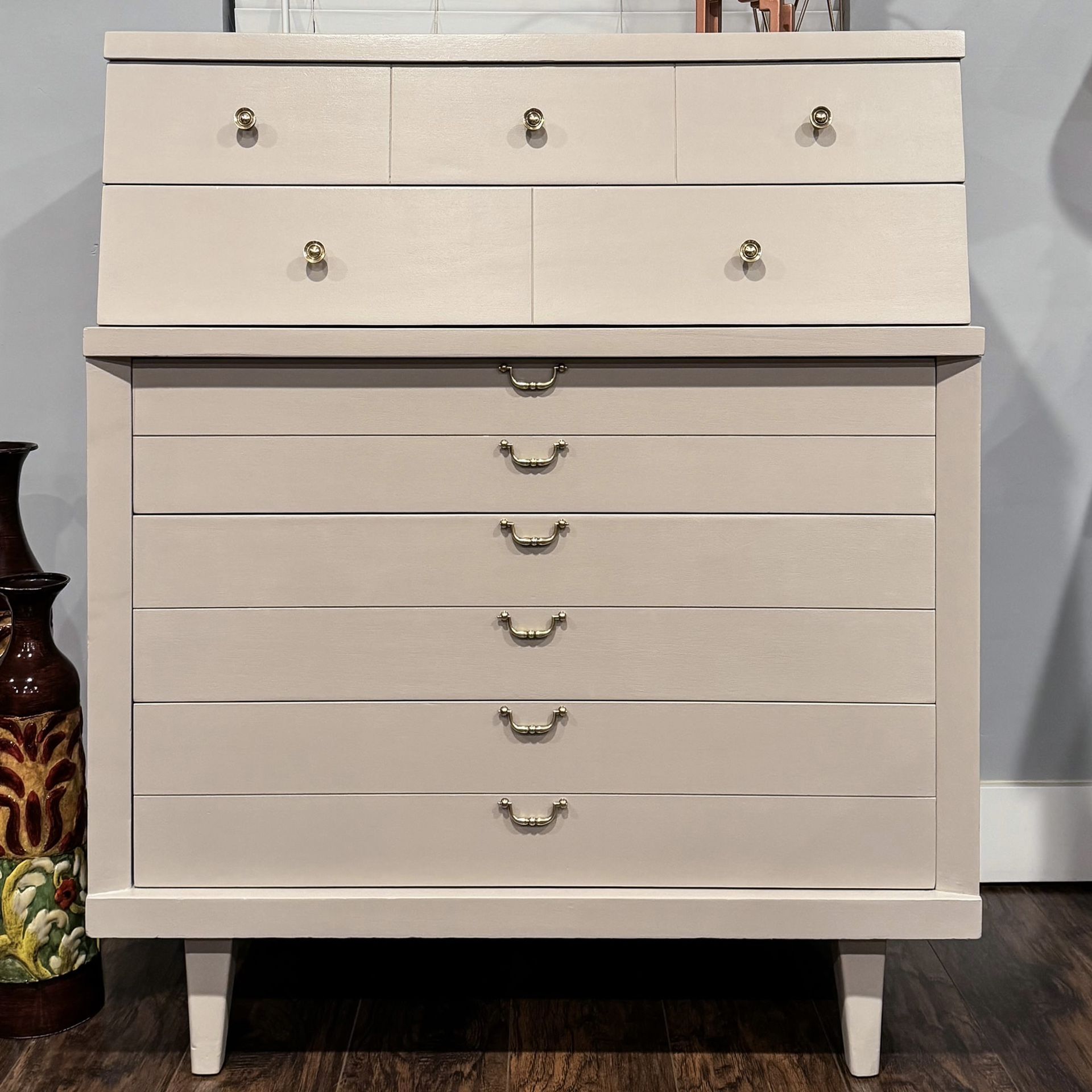 DRESSER, VINTAGE MID CENTURY MODERN HUNTLEY FURNITURE CABINET STORAGE DRAWERS BEIGE (SOLID WOOD) TALL DRESSER CHEST OF DRAWERS CABINET CHEST ENTRYWAY