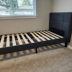 Twin Upholstered Platform Bed Frame – Dark Gray w/ Wooden Slats