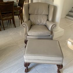 Presidential Grey Gray Leather Wingback Chair And footstool with Brass Nailheads Ball & Claw