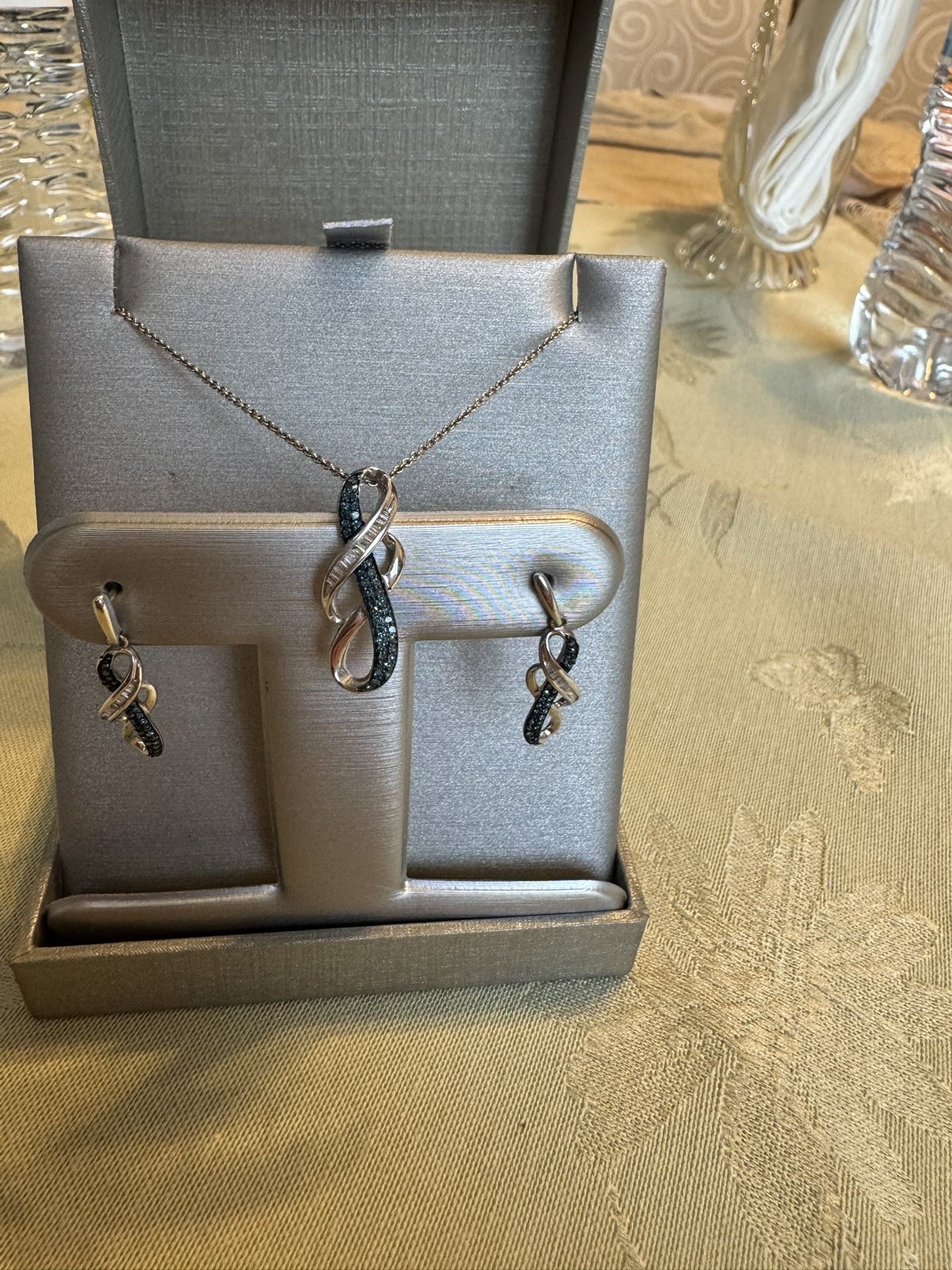 Silver White And Blue Diamond Earrings And Necklace Set