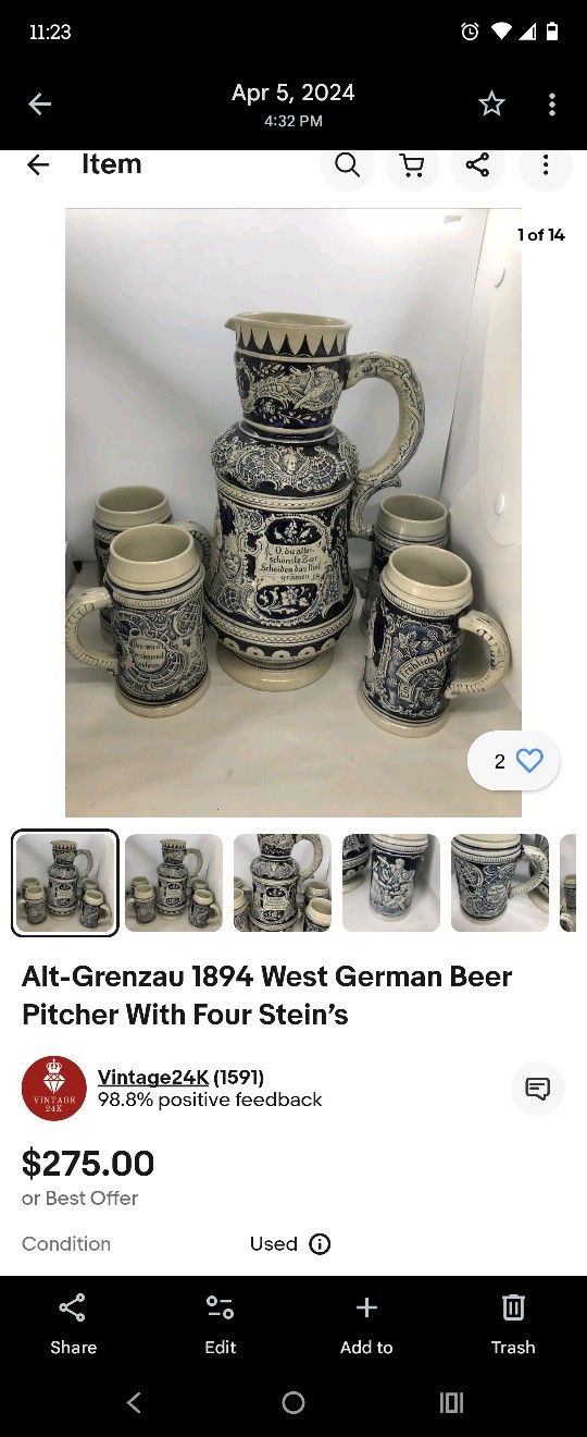 West German Beer Pitcher And Four Steins