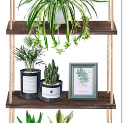 Hanging Shelves for Wall,3 Tier Window Wall Hanging Shelf for Plant Photo Frames Decorations Display Decor, Green leaf rope Farmhouse Wooden Floating 