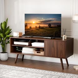 TV Stand for 48 Inch TV, Mid Century Modern Entertainment Center with Storage Cabinet, TV Media Console for Living Room, Bedroom, Dark Brown