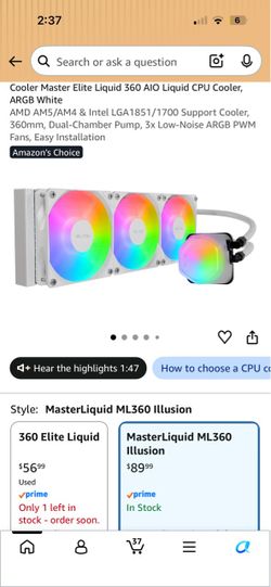 Cooler Master Elite Liquid 360 AIO CPU Cooler ARGB White