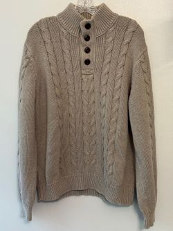Eddie Bauer Men XXL Cable Knit Sweater Beige 100% Cotton Fisherman Mock Neck