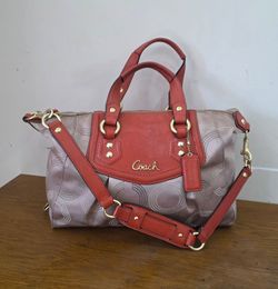 Coach Signature Sateen beige/brick red leather Shoulder/Satchel bag