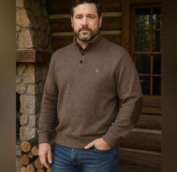 Chaps men’s brown elbow patches Henley 100% cotton sweater, size XL