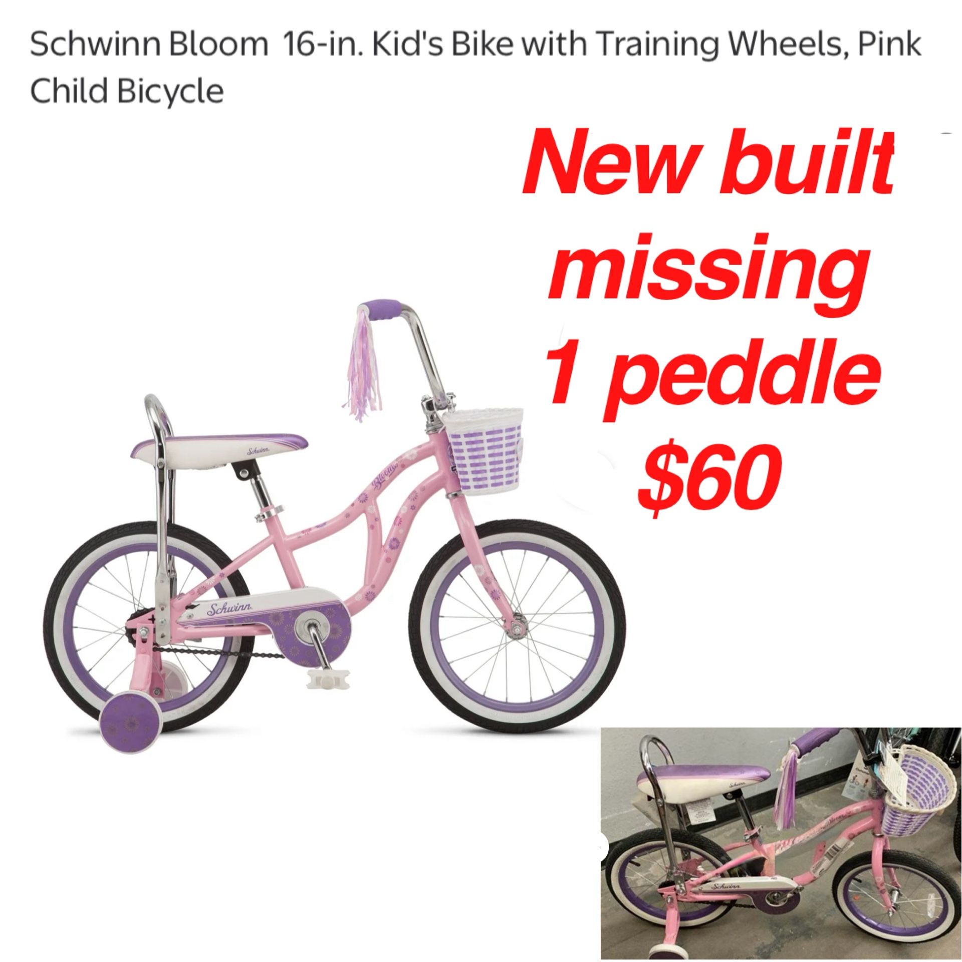 New 16” girls Schwinn bike just missing1 pedal easy to replace $60 cash only East Palmdale off 47th &R8 Address will be provide when ready to come i