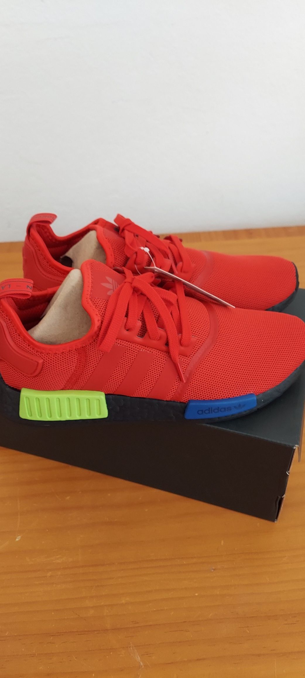 2 Adidas NMD R1 Multicolor Red Blue Yellow Mens FV5258 Size 10 and Adidas NMD R1 EF2330 Core Black Green Blue Palm Trees Men Size 10 New With Box