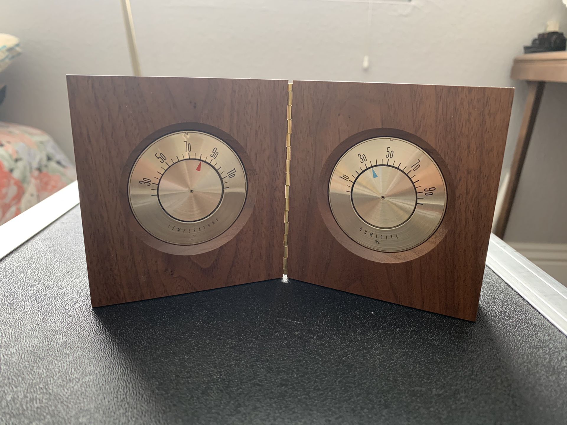 Solid wood desk Honeywell thermometer and humidifier