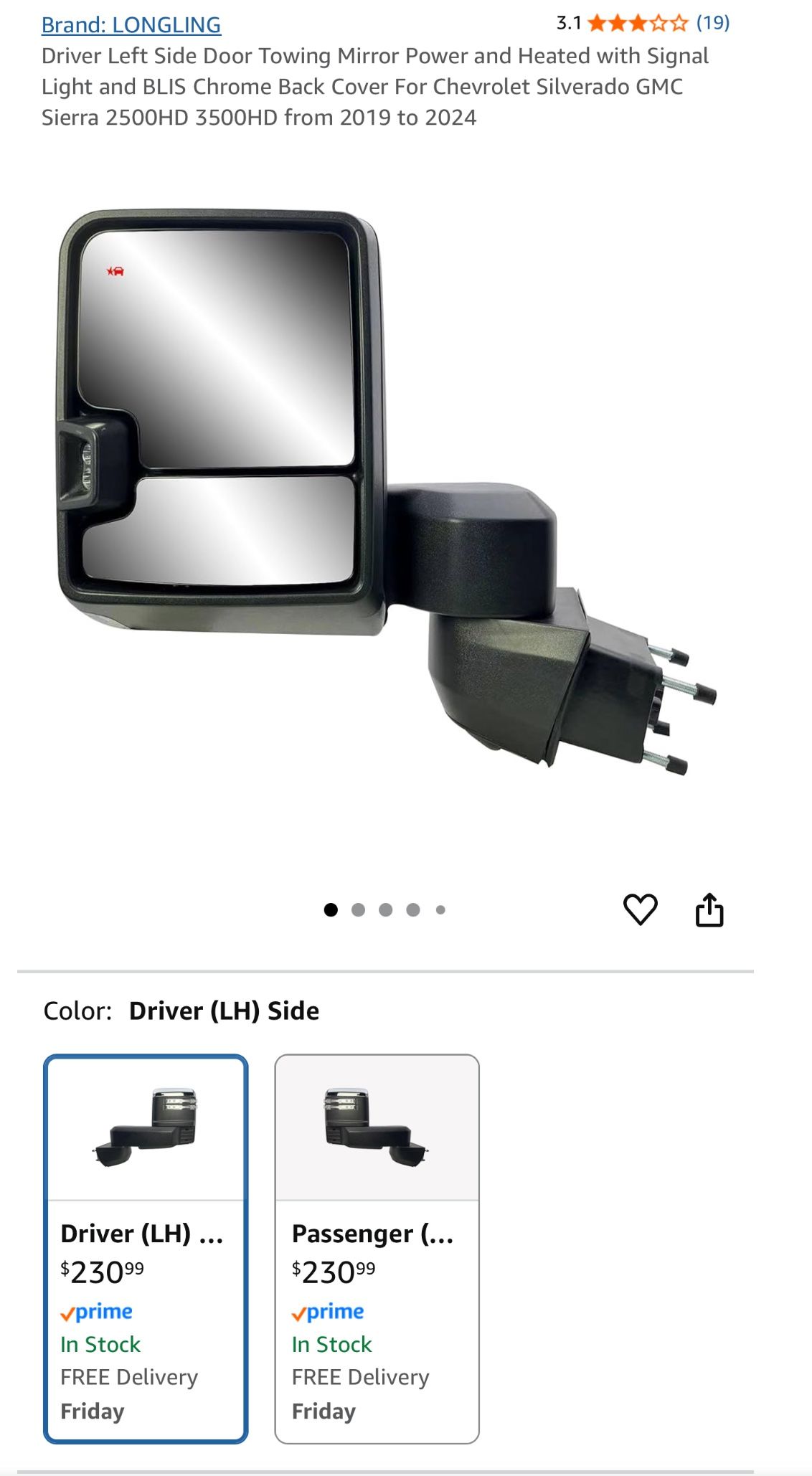Driver 2020-2024 GM Sierra Silverado 2500 Tow Mirror Camera Blind Spot Chrome